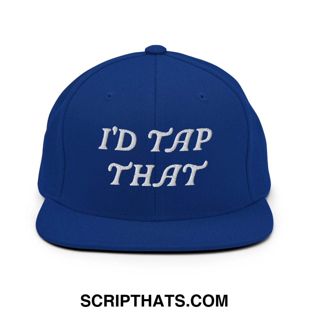 Royal blue snapback hat with white embroidered id tap that script and flat bill brim design