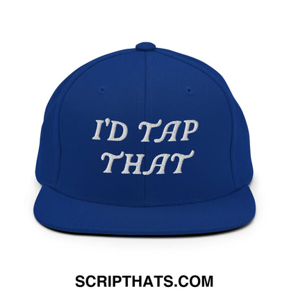 Royal blue snapback hat with white embroidered id tap that script and flat bill brim design