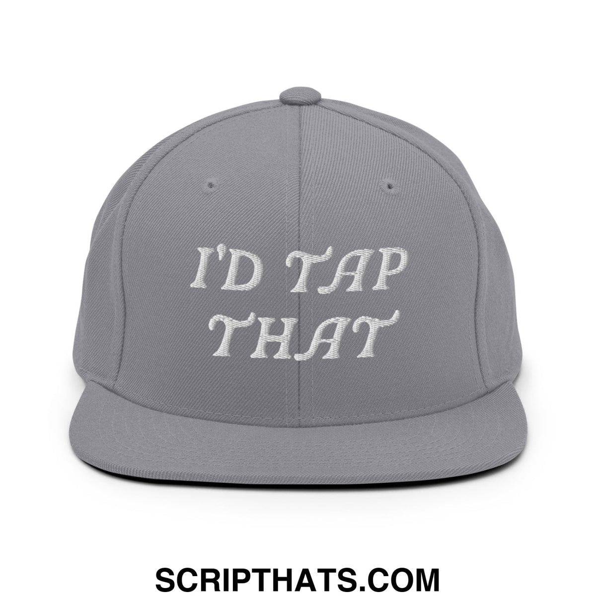 Gray snapback hat featuring white embroidered text id tap that on a flat bill brim style