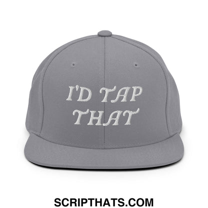 Gray snapback hat featuring white embroidered text id tap that on a flat bill brim style