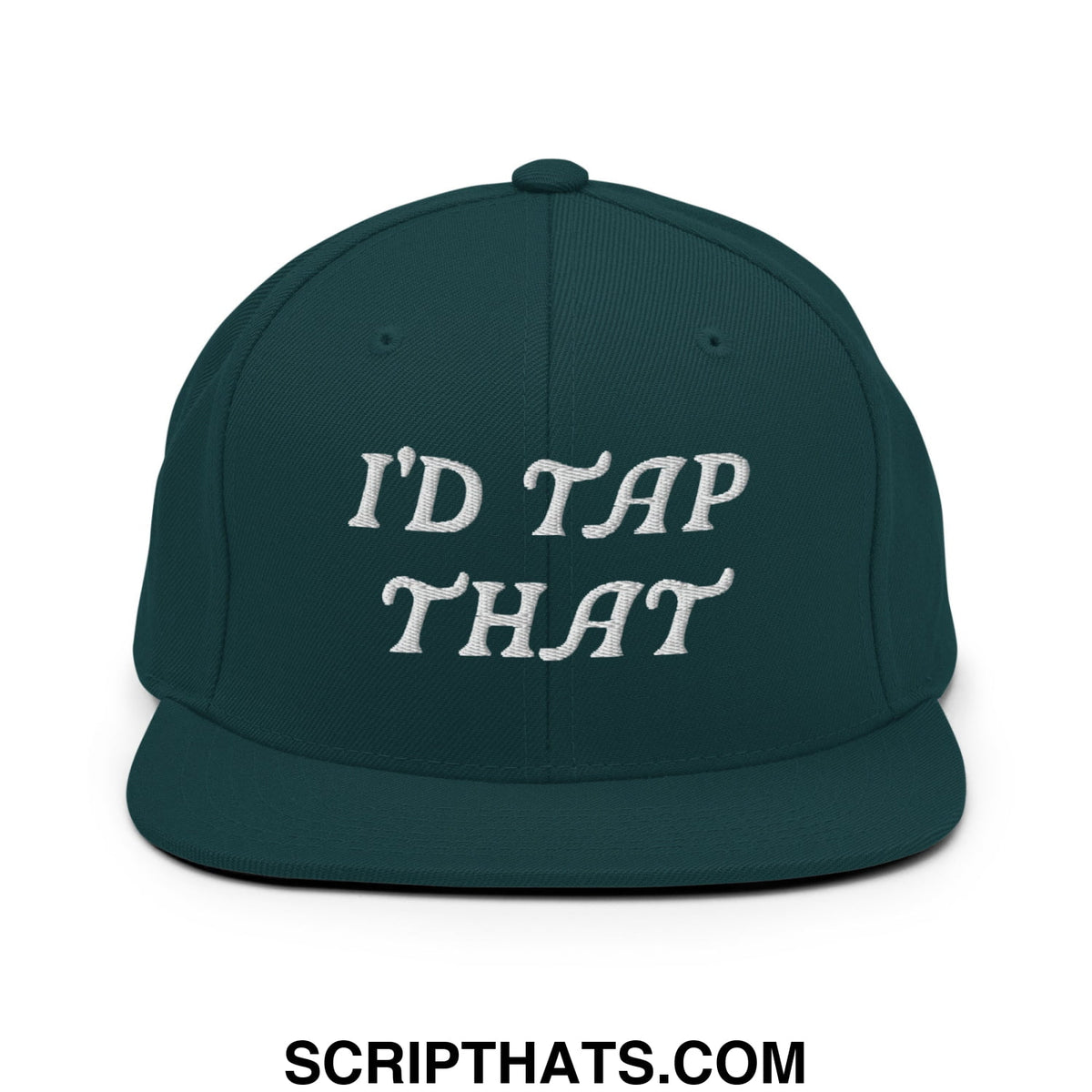 Dark green snapback hat with white embroidered id tap that text and flat bill brim for casual wear