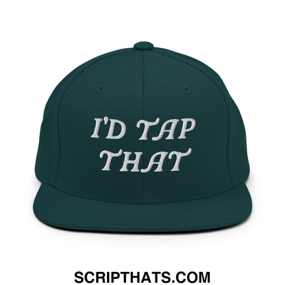 Dark green snapback hat with white embroidered id tap that text and flat bill brim for casual wear