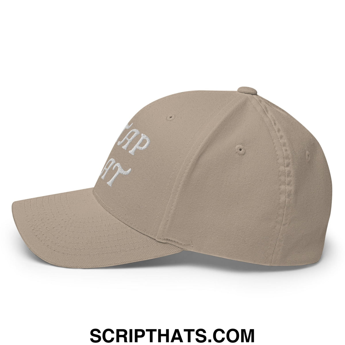 Beige stretch fit baseball cap with white embroidered I’d Tap That script lettering for golf use