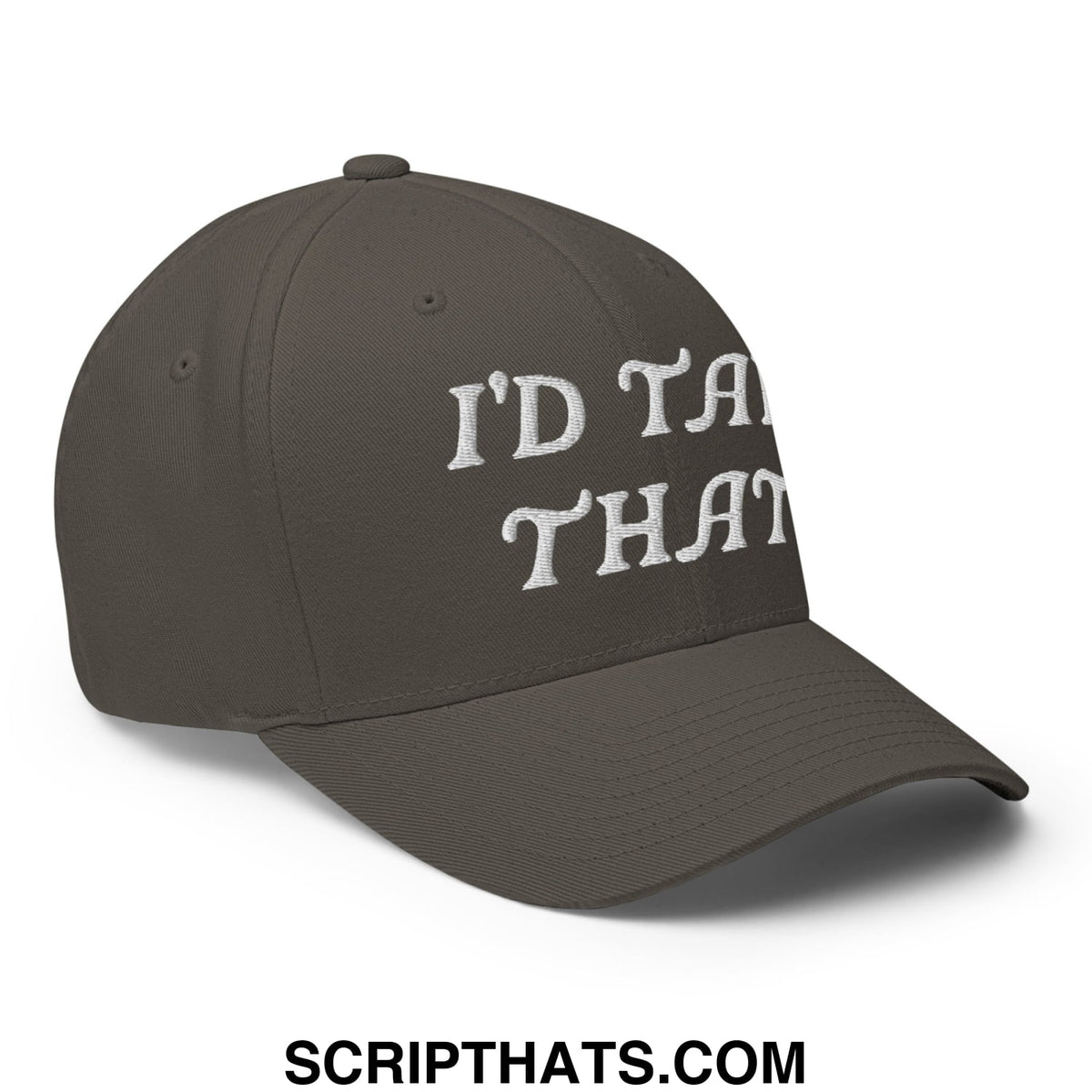 Dark gray stretch fit baseball cap with white embroidered text reading id take that designed for golf use
