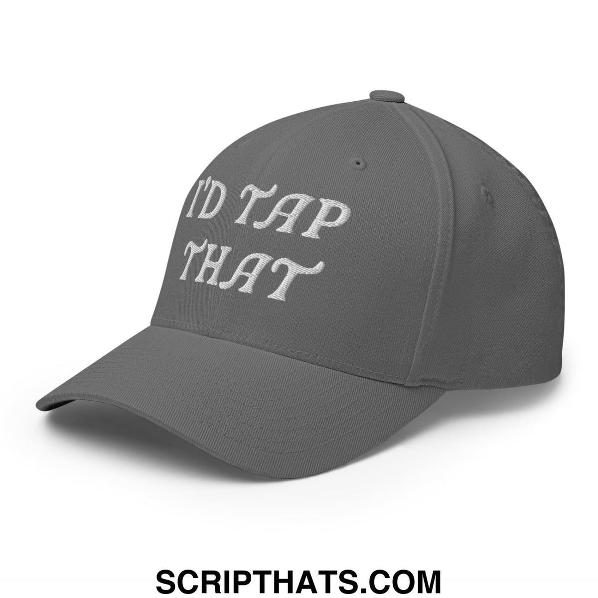 Gray stretch fit golf hat with white embroidered text reading idd tap that designed for casual wear