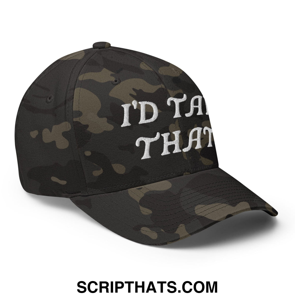 Black and olive camouflage stretch fit baseball cap with white embroidered id take that text for golf use