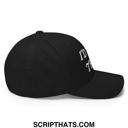 Black stretch fit golf hat with white embroidered id text on the side for a stylish sporty look