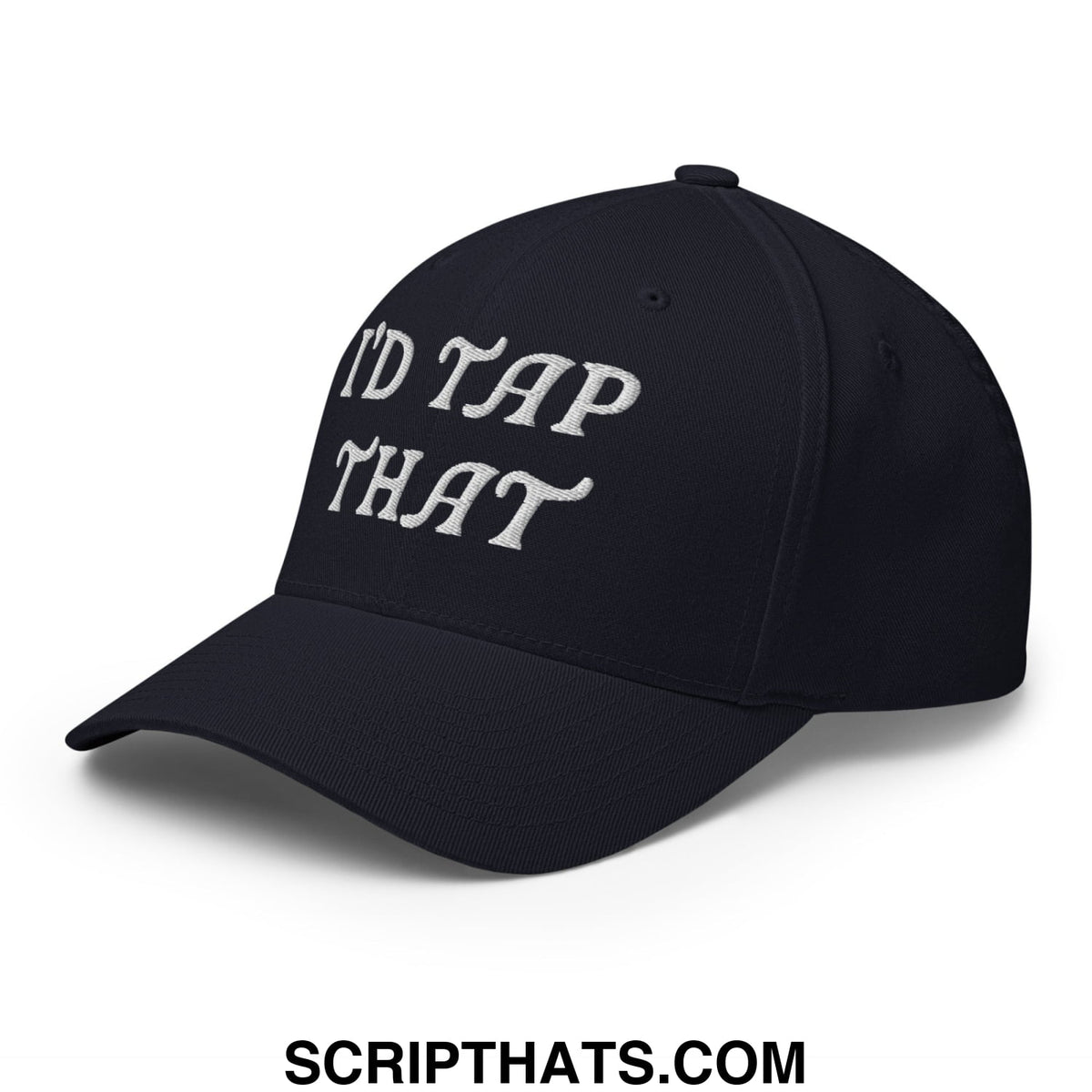 Black stretch fit golf hat with white embroidered text reading i’d tap that on front panel