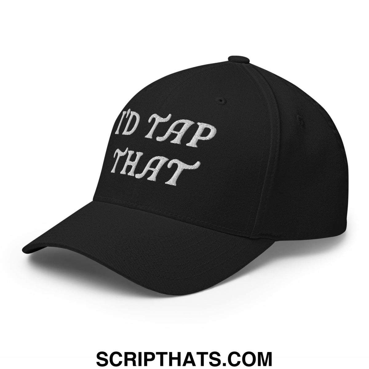 Black stretch fit golf hat with white embroidered text reading idd tap that designed for casual wear