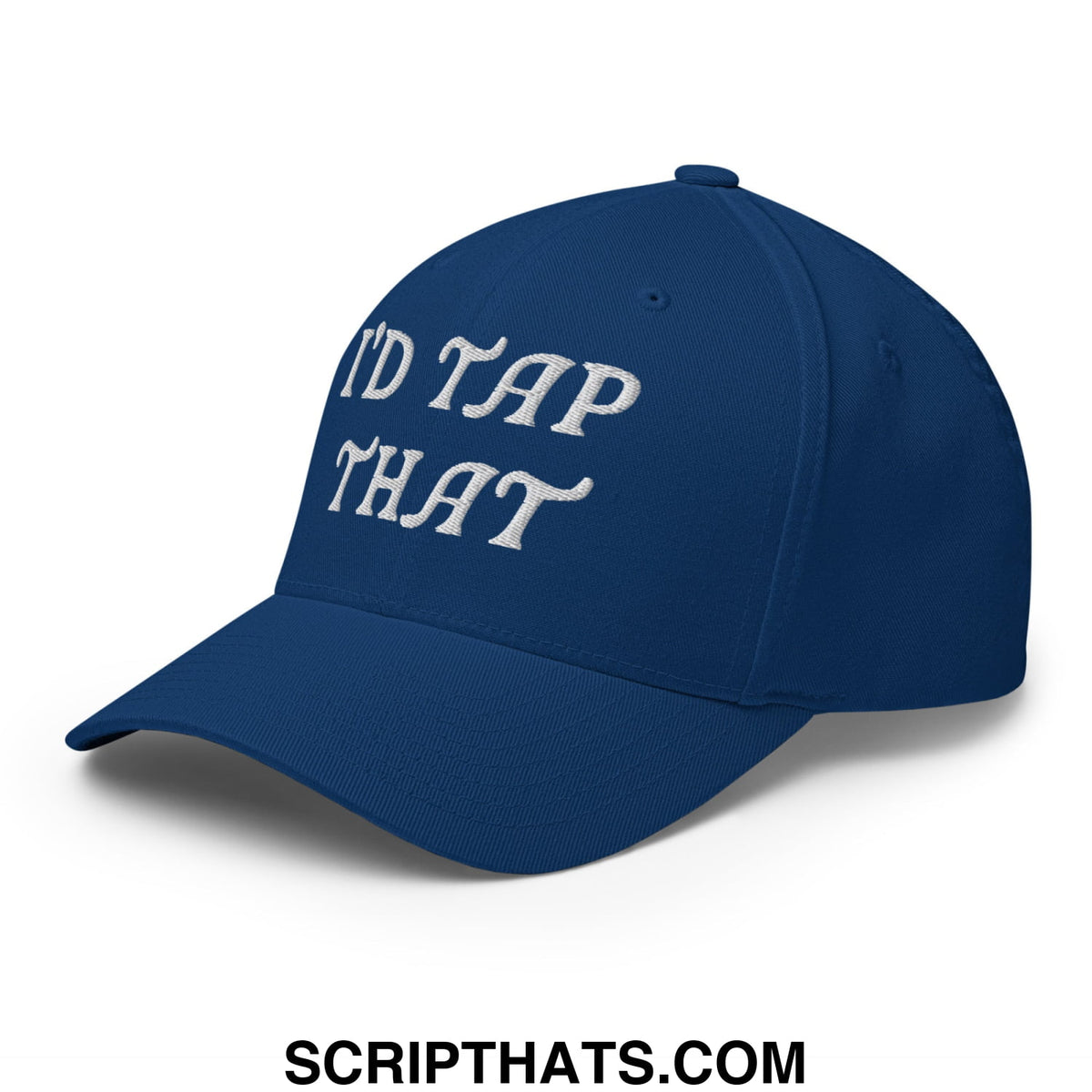 Navy blue stretch fit golf hat with white embroidered text id tap that designed for casual sportswear