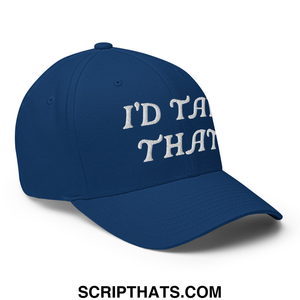 Navy blue embroidered stretch fit golf hat with white text id take that perfect for casual sportswear