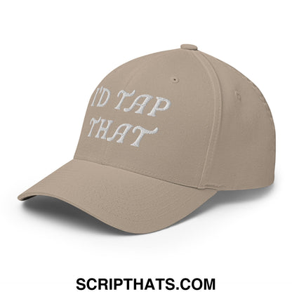 Beige stretch fit golf hat with white embroidered text saying id tap that designed for casual sportswear