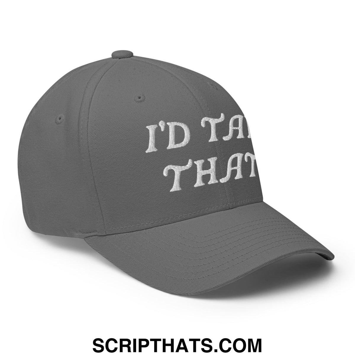 Gray stretch fit golf hat with white embroidered id take that text on front panel