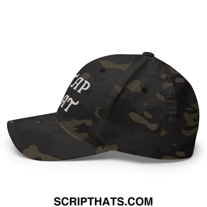 Black and olive camouflage stretch fit golf hat with white embroidered id tap that text on the front