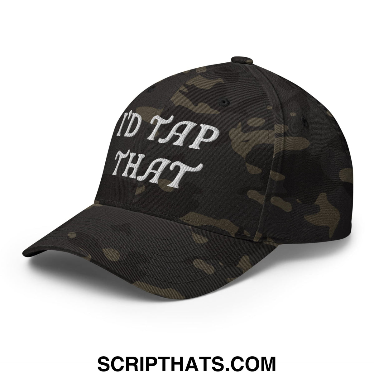 Black camouflage stretch fit golf hat with white embroidered text reading idd tap that for sporty casual wear