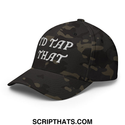 Black camouflage stretch fit golf hat with white embroidered text reading idd tap that for sporty casual wear
