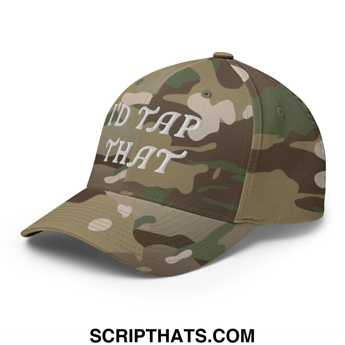 A camouflage stretch fit golf hat with white embroidered text reading idd tap that across the front
