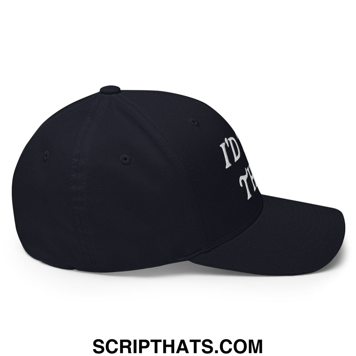 Black stretch fit golf hat with white embroidered id text on the side for comfortable outdoor wear