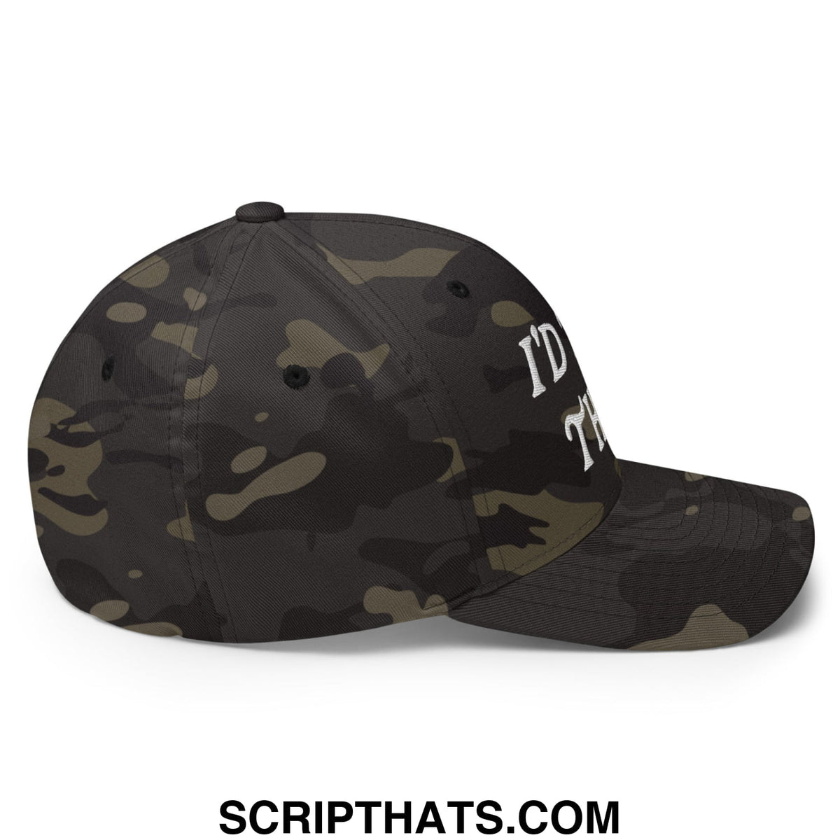 Black and olive green camouflage i’d tap that embroidered stretch fit golf hat with white text on the side