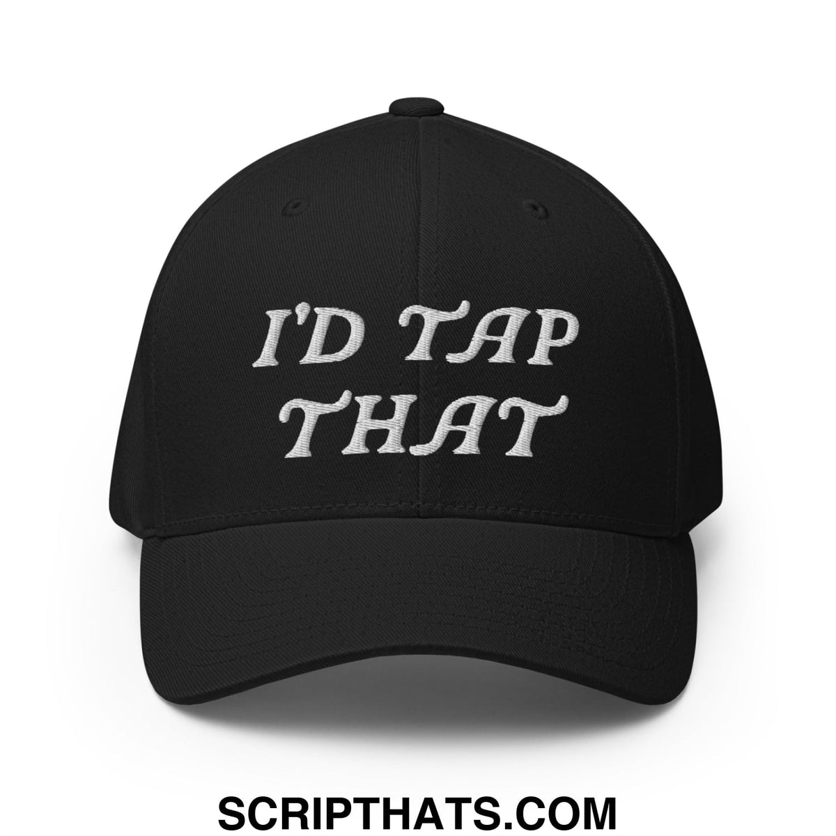 Black stretch fit golf hat with white embroidered script text reading idd tap that on the front