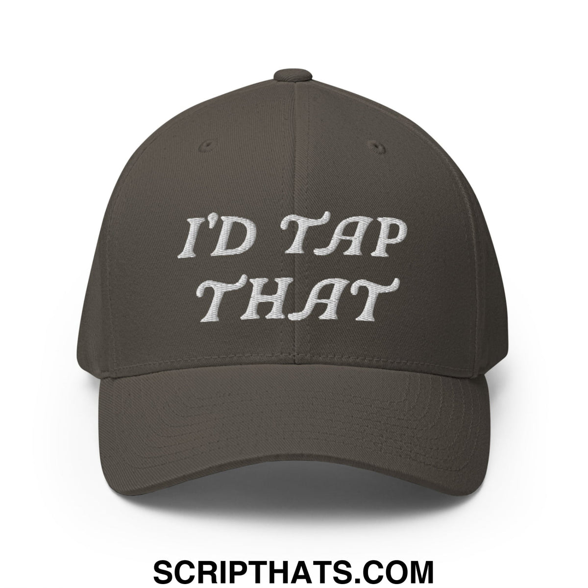 A dark olive green stretch fit golf hat with white embroidered text i’d tap that on the front