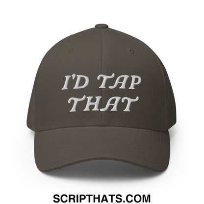 A dark olive green stretch fit golf hat with white embroidered text i’d tap that on the front