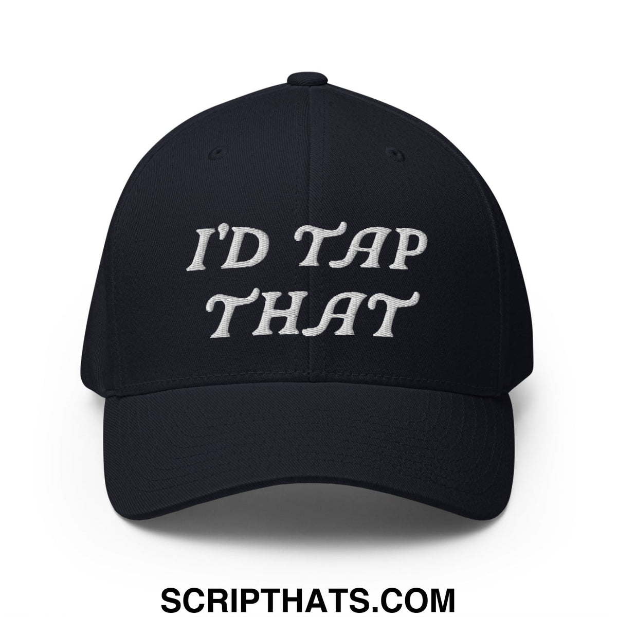 Black stretch fit golf hat with white embroidered text idd tap that on the front panel