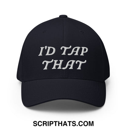 Black stretch fit golf hat with white embroidered text idd tap that on the front panel
