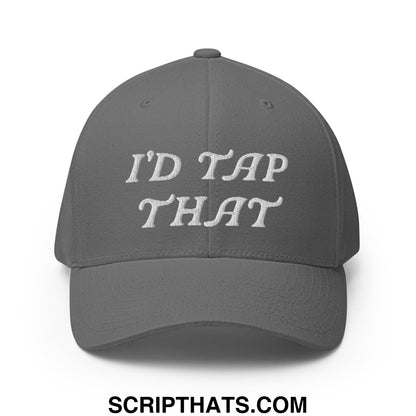 Gray stretch fit golf hat with white embroidered text reading id tap that in a casual style
