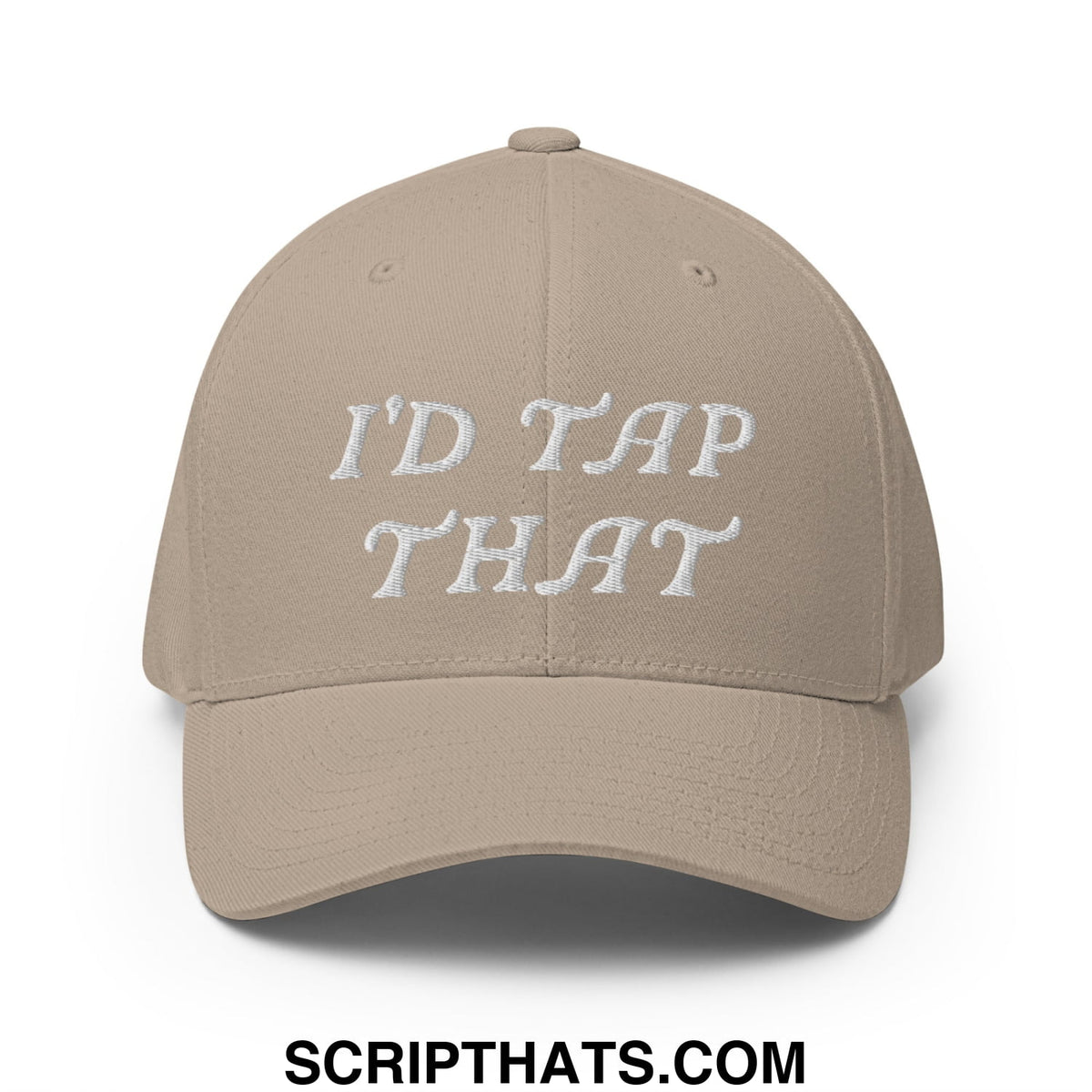 Beige stretch fit golf hat with white embroidered text idd tap that on front for casual sporty wear