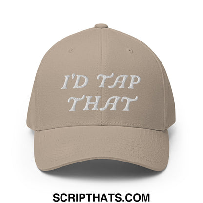 Beige stretch fit golf hat with white embroidered text idd tap that on front for casual sporty wear