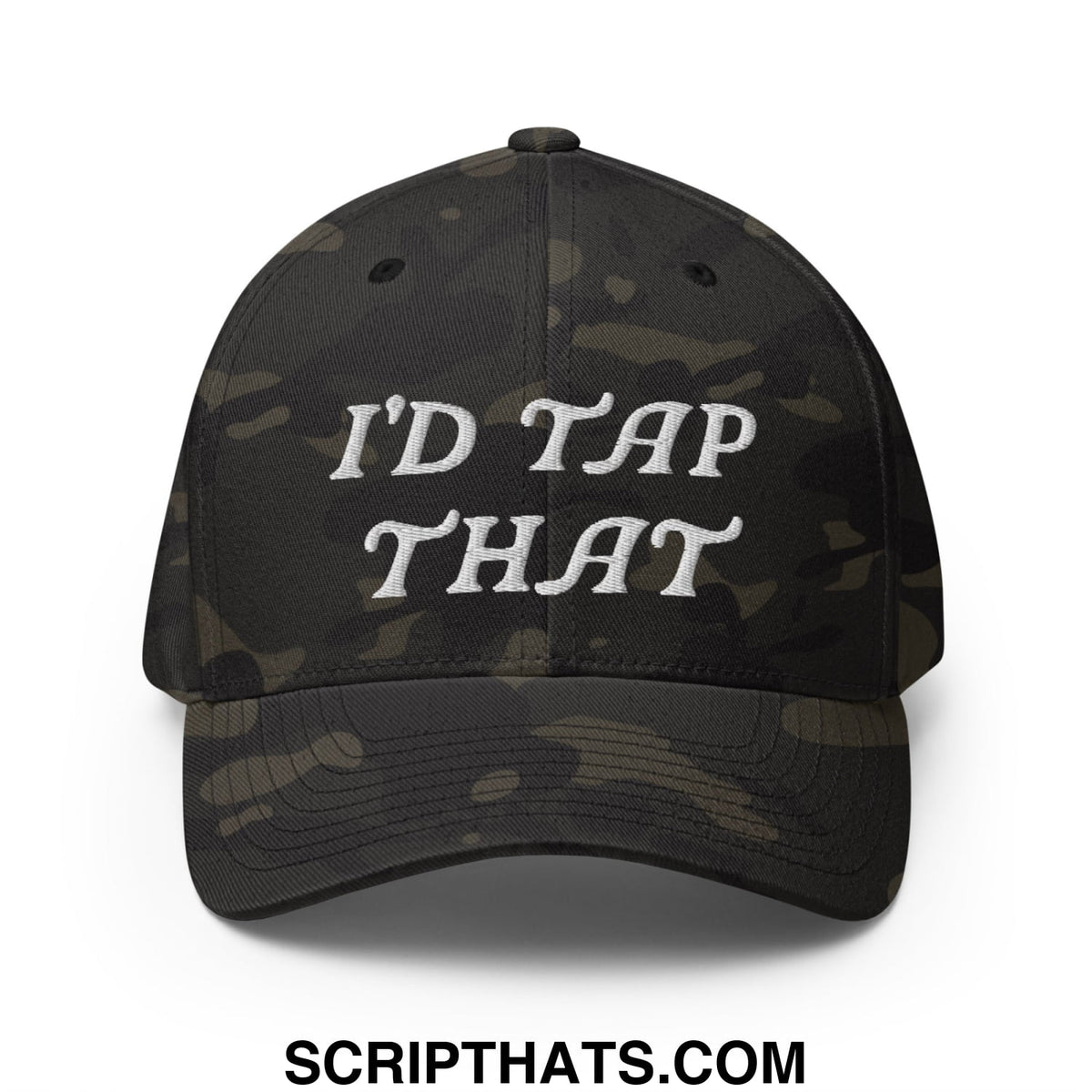 Black and olive camouflage stretch fit golf hat with white embroidered id tap that text on the front