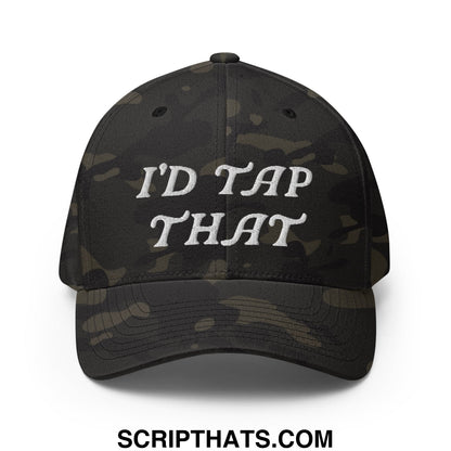 Black and olive camouflage stretch fit golf hat with white embroidered id tap that text on the front