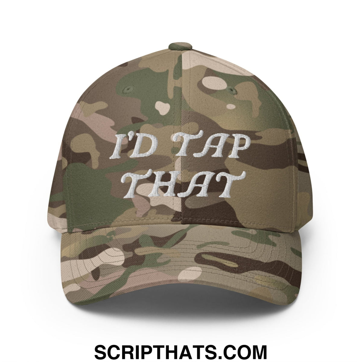 A camouflage stretch fit golf hat with white embroidered id tap that text on the front panel