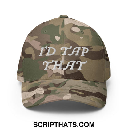 A camouflage stretch fit golf hat with white embroidered id tap that text on the front panel