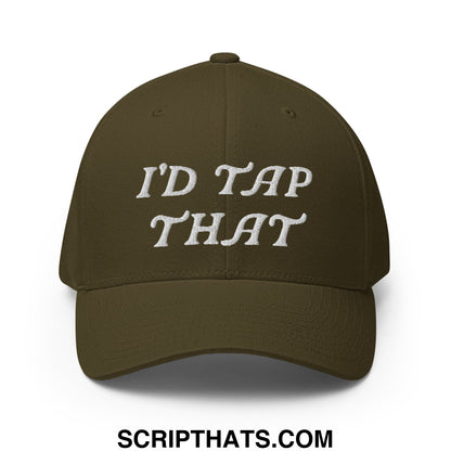 Olive green stretch fit golf hat with white embroidered text idd tap that perfect for casual wear