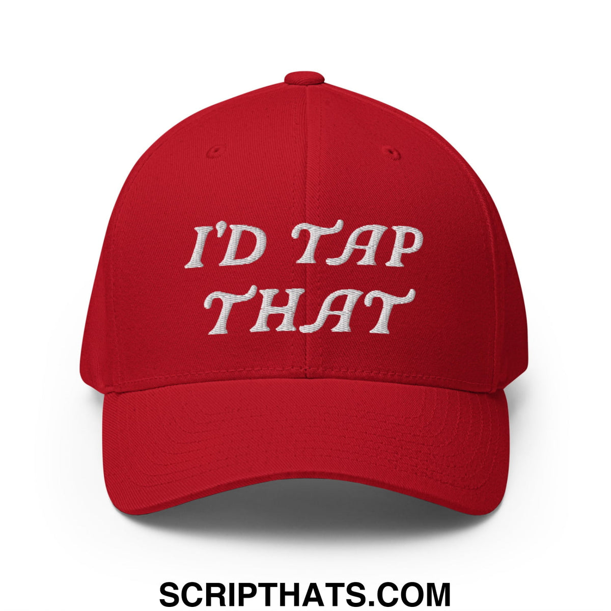Red stretch fit golf hat with white embroidered text idd tap that on front panel
