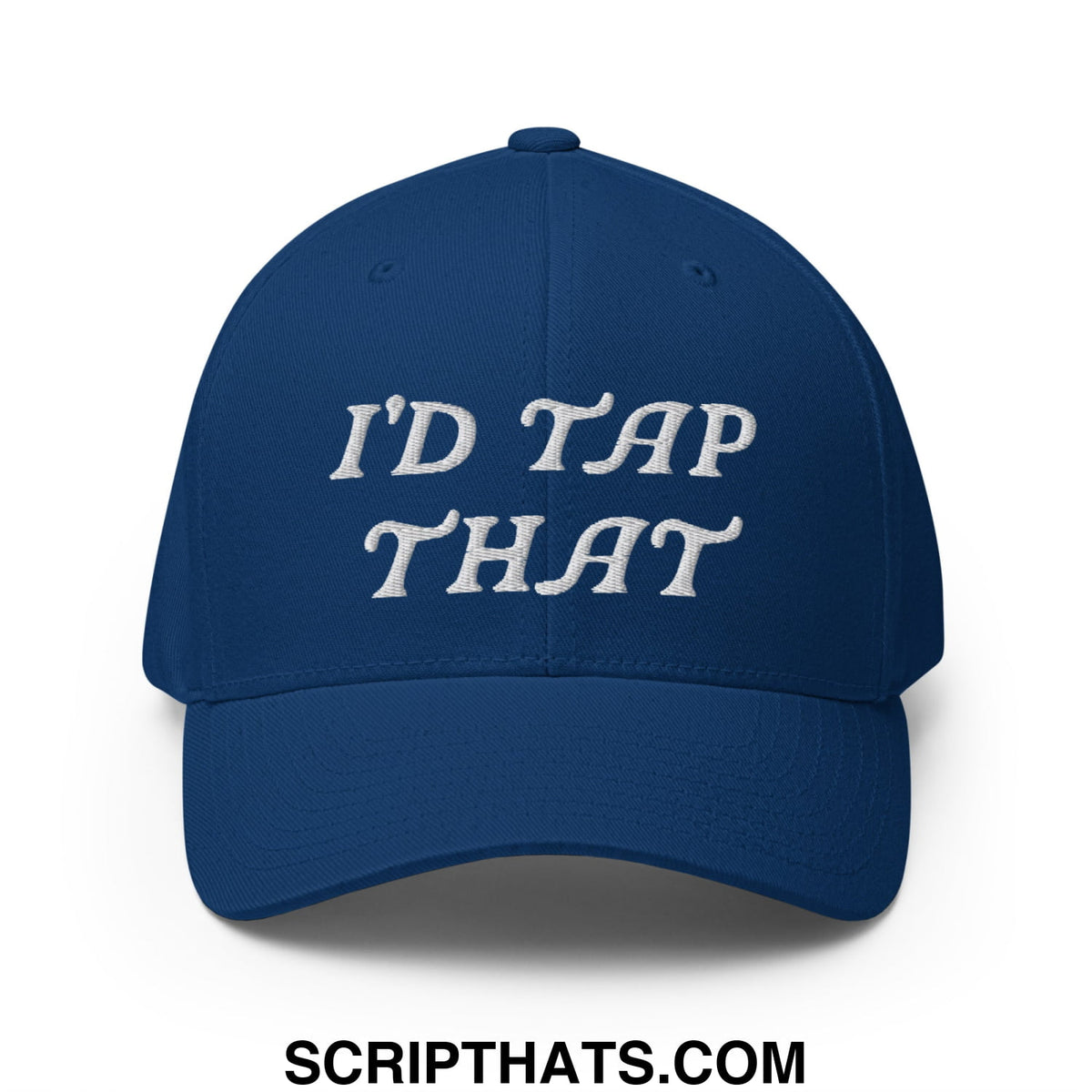 A navy blue stretch fit golf hat with white embroidered text reading idd tap that on the front