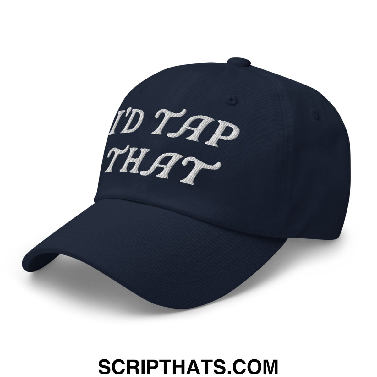 Navy blue unstructured golf dad hat with white embroidered id tap that text and a casual relaxed fit