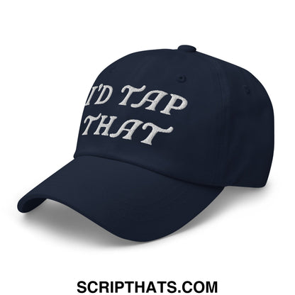 Navy blue unstructured golf dad hat with white embroidered id tap that text and a casual relaxed fit