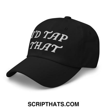 Black unstructured golf dad hat with white embroidered text idd tap that on the front