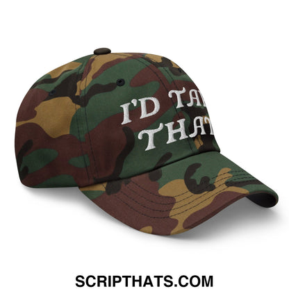A camouflage unstructured golf dad hat with white embroidered text reading id take that on the front