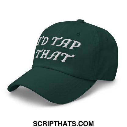 Dark green unstructured golf dad hat with white embroidered text id tap that on the front