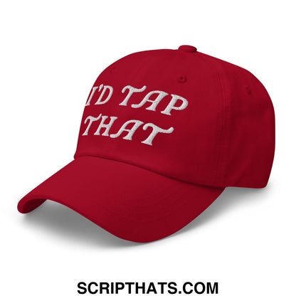 Red unstructured golf dad hat with white embroidered id tap that text on front