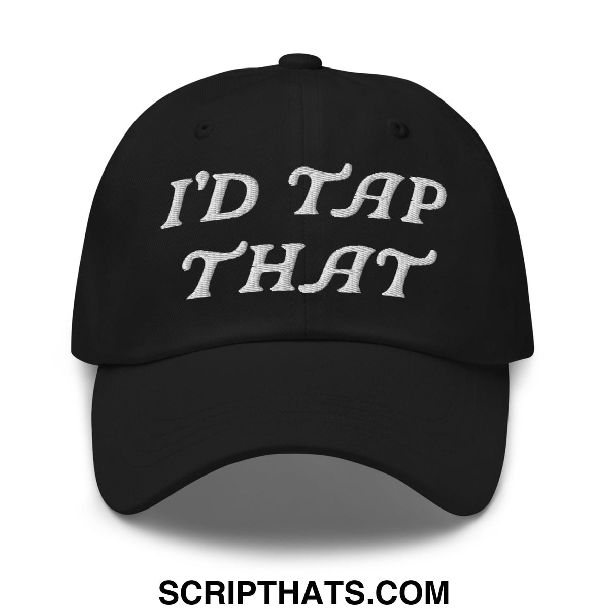 Black unstructured golf dad hat with white embroidered script reading i’d tap that for casual outdoor wear
