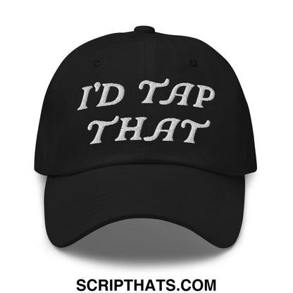 Black unstructured golf dad hat with white embroidered script reading i’d tap that for casual outdoor wear