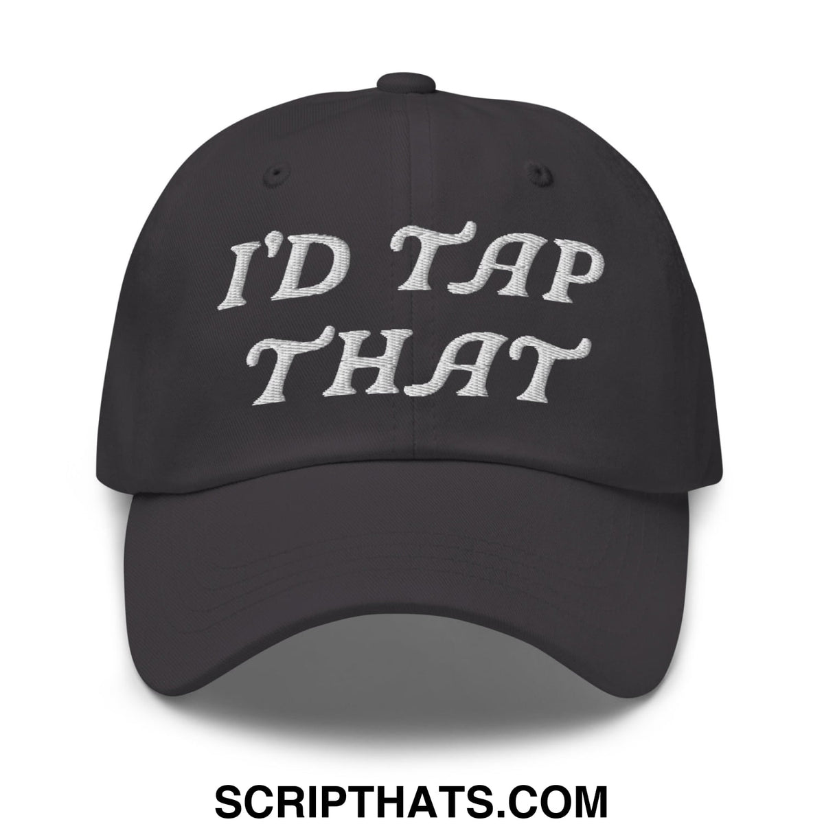 Black unstructured golf dad hat with white embroidered script text reading id tap that on the front