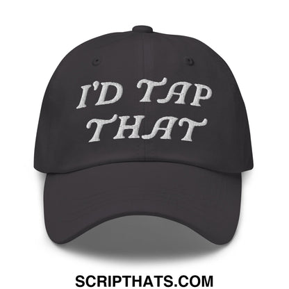 Black unstructured golf dad hat with white embroidered script text reading id tap that on the front