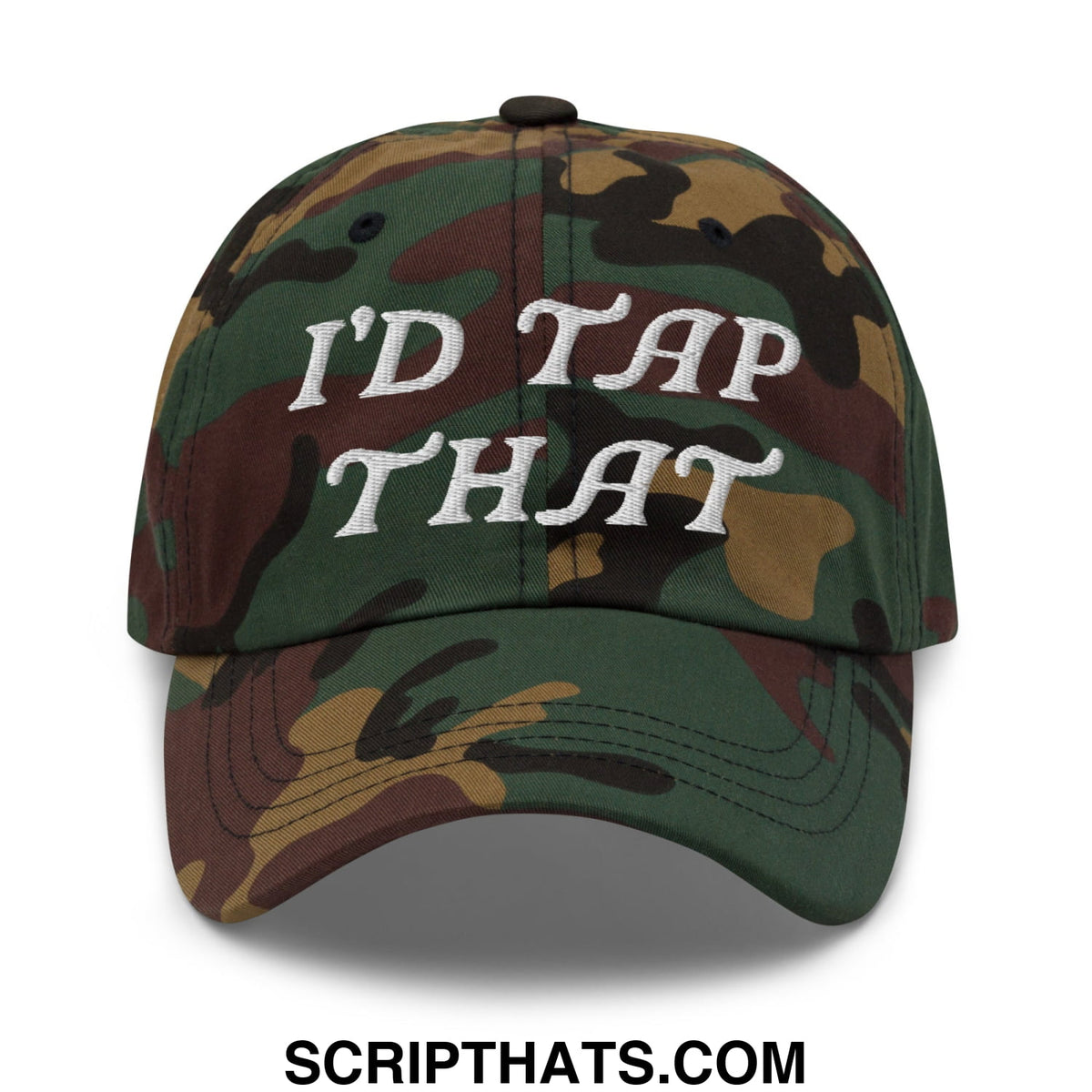 A camouflage unstructured golf dad hat with white embroidered text reading idd tap that across the front