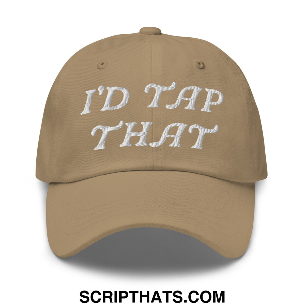 Tan unstructured golf dad hat with white embroidered text reading idd tap that on the front